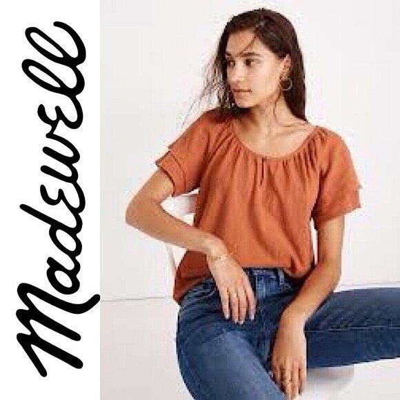 Madewell Texture & Thread Tiered Sleeve Orange Blouse Top XS Boho Cottagecore - Picture 2 of 16